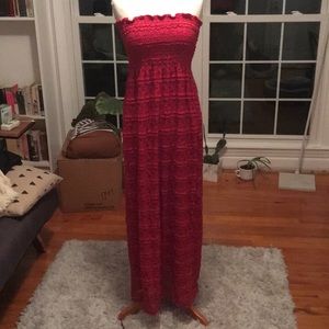 Strapless red lace maxi dress